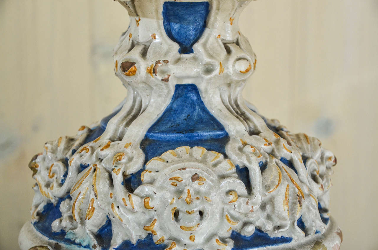 19th Century Pair of Italian Majolica Vases Mounted as Lamps In Fair Condition In New York, NY